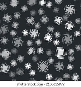 Grey Computer Processor With Microcircuits CPU Icon Isolated Seamless Pattern On Black Background. Chip Or Cpu With Circuit Board. Micro Processor. Vector