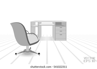 Grey Computer Table and Armchair. Visual Stand. Template of Spatial Perspective. Vector. 3D Illustration