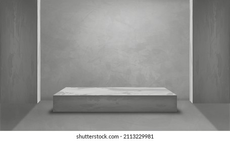 Grey Concrete studio room with 3D podium mockup,Vector backdrop empty modern loft design with lighting on back wall and rough gray cement floor, industrial interior background template