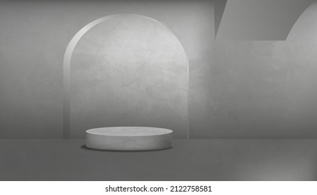 Grey Concrete studio room with 3D podium mockup,Vector backdrop empty modern loft design with lighting on back wall and rough gray cement floor, industrial interior background template