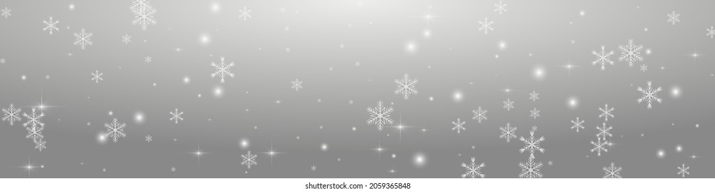 Grey Confetti Vector Panoramic Transparent Background. Silver Xmas Stars Banner. Bokeh Snow Postcard. Festive Flake Pattern.
