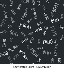 Grey Contactless payment icon isolated seamless pattern on black background. Mobile wallet technology, nfc, wireless payment with smartphone.  Vector Illustration