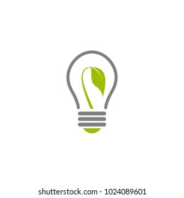 grey contour of electric light bulb with green leaf. Isolated on white. Flat outline icon. Vector illustration. Go green. Eco friendly. World environment day