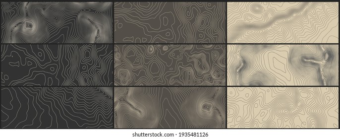 Grey contours vector topography. Geographic mountain topography vector illustration. Topographic pattern texture. Map on land vector terrain. Elevation graphic contour height lines. Vector Set.