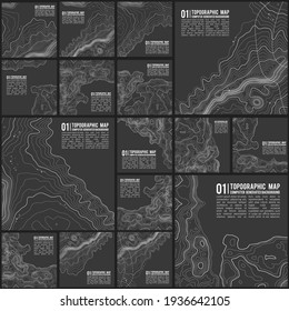 Grey contours vector topography. Geographic mountain topography vector illustration. Topographic pattern texture. Map on land vector terrain. Elevation graphic contour height lines. Vector Set.