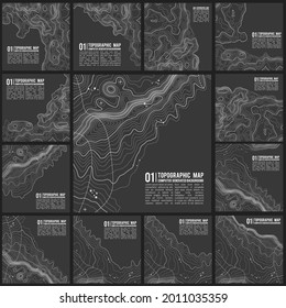 Grey contours vector topography. Geographic mountain topography vector illustration. Topographic pattern texture. Map on land vector terrain. Elevation graphic contour height lines. Vector Set.