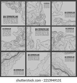 Grey Contours Vector Topography. Geographic Mountain Topography Vector Illustration. Topographic Pattern Texture. Map On Land Vector Terrain. Elevation Graphic Contour Height Lines. Vector Set.