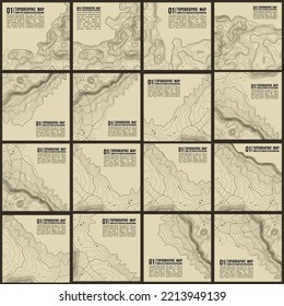 Grey contours vector topography. Geographic mountain topography vector illustration. Topographic pattern texture. Map on land vector terrain. Elevation graphic contour height lines. Vector Set.