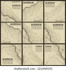 Grey contours vector topography. Geographic mountain topography vector illustration. Topographic pattern texture. Map on land vector terrain. Elevation graphic contour height lines. Vector Set.