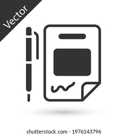 Grey Contract money and pen icon isolated on white background. Banking document dollar file finance money page.  Vector