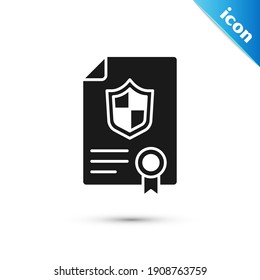 Grey Contract with shield icon isolated on white background. Insurance concept. Security, safety, protection, protect concept.  Vector