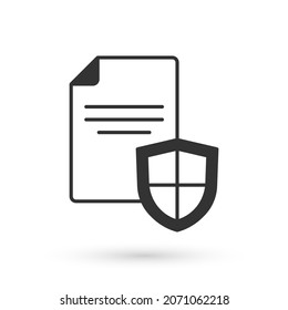 Grey Contract with shield icon isolated on white background. Insurance concept. Security, safety, protection, protect concept.  Vector