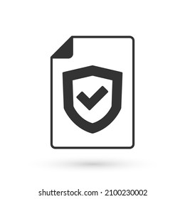 Grey Contract with shield icon isolated on white background. Insurance concept. Security, safety, protection, protect concept.  Vector