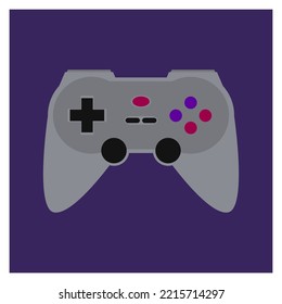 A grey controller with two handles and red and purple buttons on a purple background.
