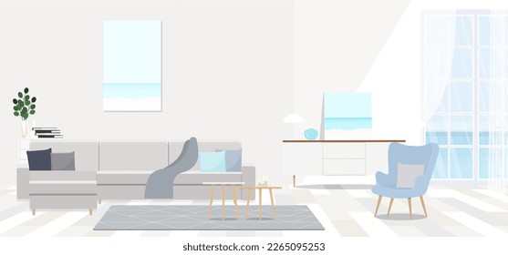 Grey corner sofa in fashionable living room interior.