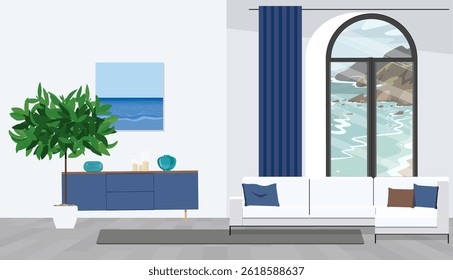 Grey corner sofa in fashionable living room interior