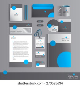 Grey corporate identity template with blue round elements. Vector company  style for brandbook and guideline. EPS 10