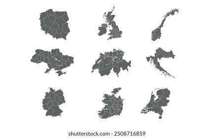Grey Countries in Europe map that balances detail with minimalism, suitable for various uses. set of maps.