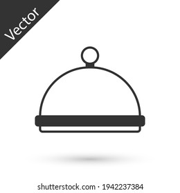 Grey Covered with a tray of food icon isolated on white background. Tray and lid sign. Restaurant cloche with lid. Kitchenware symbol. Vector