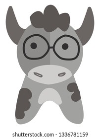 Grey cow with round glasses vector illustration on white background.