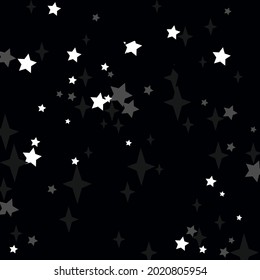 Grey Cozy Silver Magic Bright Ornament. Textile Print Holiday Dark Winter Background. White Night Black Sky Monochrome Design Pic. Gray Chaotic Stars Mystery New Year Christmas Wallpaper.