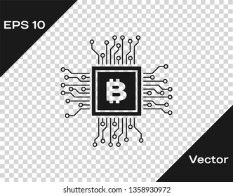Grey CPU mining farm icon isolated on transparent background. Bitcoin sign inside processor. Cryptocurrency mining community. Digital money. Vector Illustration