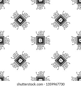 Grey CPU mining farm icon isolated seamless pattern on white background. Bitcoin sign inside processor. Cryptocurrency mining community. Digital money. Vector Illustration