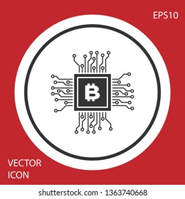 Grey CPU mining farm icon isolated on red background. Bitcoin sign inside processor. Cryptocurrency mining community. Digital money. White circle button. Vector Illustration