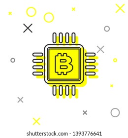 Grey CPU mining farm line icon isolated on white background. Bitcoin sign inside microchip. Cryptocurrency mining community. Digital money. Vector Illustration