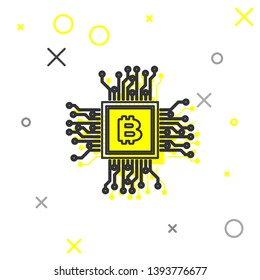 Grey CPU mining farm line icon isolated on white background. Bitcoin sign inside processor. Cryptocurrency mining community. Digital money. Vector Illustration