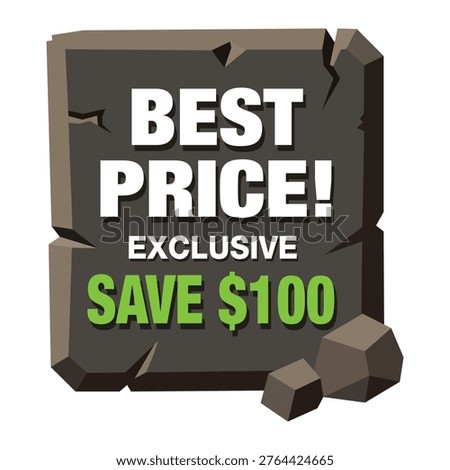 Grey cracked stone square e-commerce promotional badge featuring text BEST PRICE! EXCLUSIVE SAVE $100 for retail marketing.