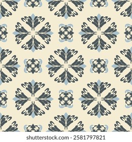 Grey and cream seamless pattern with decorative elements. Can be used for wallpaper, pattern fills, web page background, elaborate borders, tiles, pottery, and surface textures.