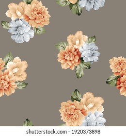 grey and cream vector flowers with leaves bunches pattern on grey background