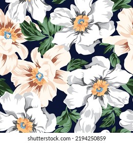 grey and cream vector seamless flowers with green leaf pattern on navy background