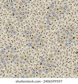 grey cream and white seamless floral vector small flowers with leaves pattern on background