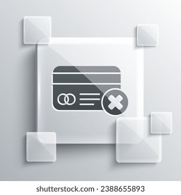 Grey Credit card remove icon isolated on grey background. Online payment. Cash withdrawal. Financial operations. Shopping sign. Square glass panels. Vector Illustration