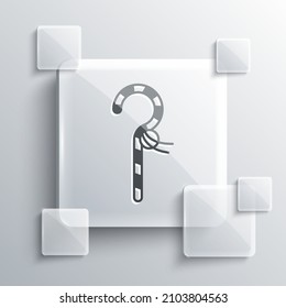 Grey Crook icon isolated on grey background. Ancient Egypt symbol. Scepters of egypt. Square glass panels. Vector