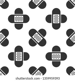 Grey Crossed bandage plaster icon isolated seamless pattern on white background. Medical plaster, adhesive bandage, flexible fabric bandage. Vector Illustration