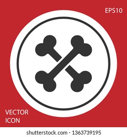 Grey Crossed bones icon isolated on red background. Pets food symbol. White circle button. Vector Illustration