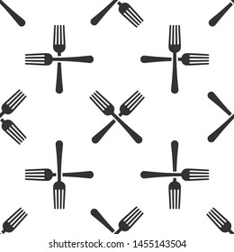 Grey Crossed fork icon isolated seamless pattern on white background. Cutlery symbol.  Vector Illustration