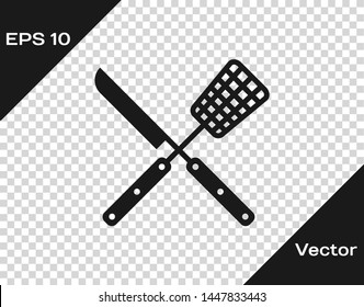 Grey Crossed fork and knife icon isolated on transparent background. BBQ fork and knife sign. Barbecue and grill tools. Vector Illustration