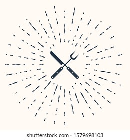 Grey Crossed fork and knife icon isolated on beige background. BBQ fork and knife sign. Barbecue and grill tools. Abstract circle random dots. Vector Illustration
