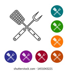 Grey Crossed fork and spatula line icon isolated on white background. BBQ fork and spatula sign. Barbecue and grill tools. Set icon in color circle buttons. Vector Illustration