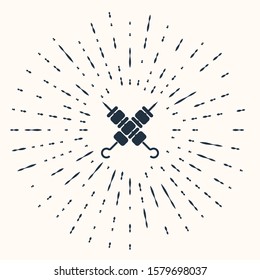Grey Crossed grilled shish kebab on skewers stick icon isolated on beige background. Meat kebab on skewers stick. Picnic with grill meat. Abstract circle random dots. Vector Illustration