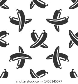 Grey Crossed hot chili pepper pod icon isolated seamless pattern on white background. Design for grocery, culinary products, seasoning and spice package. Vector Illustration