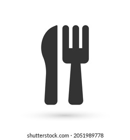 Grey Crossed knife and fork icon isolated on white background. Cutlery symbol.  Vector