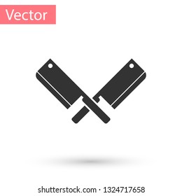 Grey Crossed meat chopper icon isolated on white background. Kitchen knife for meat. Butcher knife. Vector Illustration