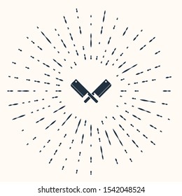 Grey Crossed meat chopper icon isolated on beige background. Kitchen knife for meat. Butcher knife. Abstract circle random dots. Vector Illustration