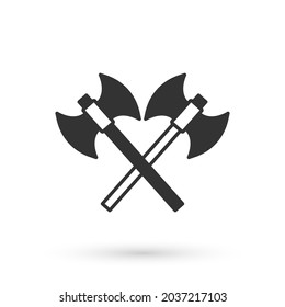 Grey Crossed medieval axes icon isolated on white background. Battle axe, executioner axe. Medieval weapon.  Vector