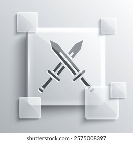 Grey Crossed medieval sword icon isolated on grey background. Medieval weapon. Square glass panels. Vector